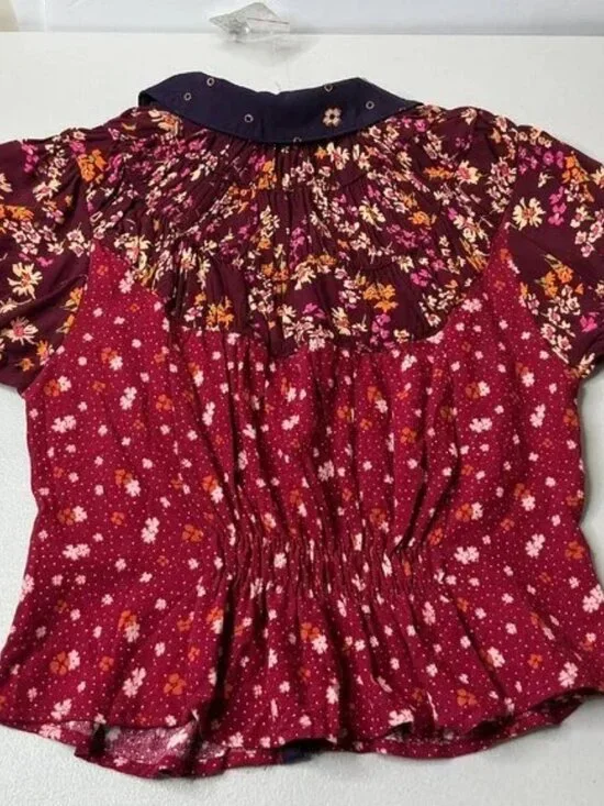NWT Free People Bella Blouse in Earth Red Combo Colorway Size X-Small - Picture 3 of 6